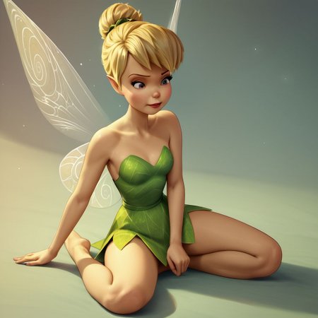 score_9, score_8_up, score_7_up, score_6_up, score_5_up, score_4_up, 1girl, Tinkerbell, rating_questionable, fairy, Fairy wings, small breasts, sitting on the floor