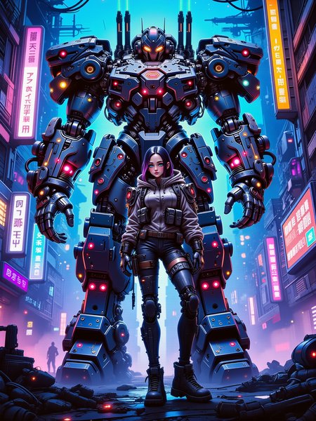 highly detailed sci-fi cyberpunk digital artwork in the style of cknc, scifi, a teenage girl with cybernetic enhancements stands confidently in front of her towering mecha robot in a futuristic dystopian cyberpunk city, in the foreground, the girlâs stance is firm and proud, framed by the glowing neon lights reflecting off her cybernetic enhancements and the mechanical armor of the colossal robot behind her, the cityscape is layered with holographic ads, gritty streets, and towering structures that fade into a misty, polluted skyline, distant, dimly glowing neon signs and billboards add depth, giving a sense of immense scale and urban density, the teenage girl, outfitted with intricate cybernetic limbs and facial enhancements, stands tall with a look of determination, her posture slightly angled to showcase both her profile and her powerful ally behind her, her attire is a mix of rugged and sleek, blending tactical urban gear with futuristic armor, her expression is fierce and focused, ready to face the dystopian world, medium shot from a low angle, emphasizing her stature and resilience while also capturing the massive scale of the robot and the sprawling city, the lighting is a blend of neon blues, purples, and pinks from holographic projections and distant signs, casting vibrant, reflected highlights on the mechaâs metallic armor and the girlâs enhancements, faint fog and dust filter through the light, adding to the dystopian atmosphere, subtle sparks and flickers from the mechaâs exposed circuits hint at its recent use, high-resolution digital format, emphasizing fine detail in textures, metallic reflections, and the layering of light, intricate shading with contrast between warm streetlight hues and cool neon, evoking the dynamic, intense atmosphere of a cyberpunk cityscape, cyberkinetic enhancements, aidmamj6.1, <lora:style-neurocore_anime_cyberpunk-flux-by_chronoknight:0.96> <lora:midjourney_61-v0.3-flux-by_aidma:0.6> <lora:image_enhancer-flux-by_dever:0.72>