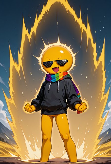 <lora:xmattar-04:1> xmattar, open mouth, rainbow scarf, , solo, smile, pixel sunglasses, 1boy,black hoodie, yellow skin, circular head,,yellow legs, no pants, short legs,       <lora:SuperSaiyanAura_Illustrious_Mlaofmd:1> kipowerup, sharp jagged energy waves, big ki, glowing energy field, energy radiating from skin, yellow aura, fists clenched tightly, arms bent at elbows, intense expression, giant glowing energy field, masterpiece, best quality, amazing quality, very aesthetic, absurdres, newest,