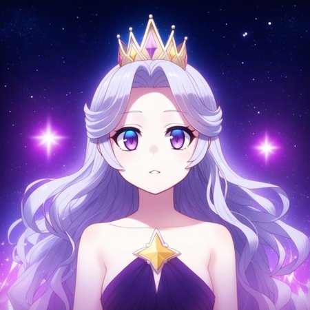 mana_sk style, portrait, focus on face, a radiant starlight queen woman with long, wavy silver hair that glimmers faintly and luminous violet eyes, wearing a flowing gown adorned with shimmering star patterns and a delicate crown of starlight, her expression serene and regal, faint glowing galaxies and shooting stars in the cosmic background, Japanese RPG style, celestial and majestic atmosphere, intricate details on her gown and crown