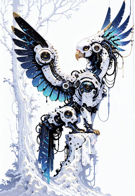 cybernetic parrot,  mechanical wings, blue wings, iridescent feathers, mechanical body parts, yellow eyes, wires, metallic tree, full body, animal focus, no humans, profile, white background, (monochrome, negative space:1.2), white theme, painterly, no lineart, no outline, fine art, masterpiece, best quality, good quality, very awa, very aesthetic, absurdres, newest, 8k, high contrast, in the style of cknc, haiz_ai, wat