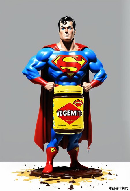 VegemiteArt, Superman standing in a vegemite jar, comic book art, digital art