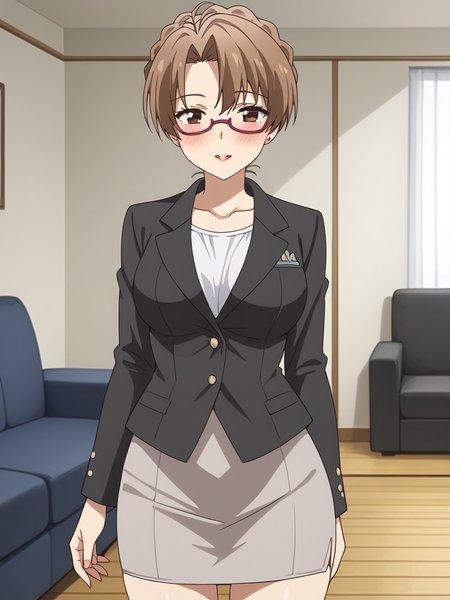 score_9, score_8_up, score_7_up, source_anime, rating_explicit, intricate details, (NSFW:1.0), (uncensored:1.0), Expressiveh, <lora:Expressive_H:0.5>, BREAK, 1girl, solo, Ayumi_Arima, suit, pencil skirt, grey skirt, BREAK standing, BREAK looking at viewer, blush, happy, parted lips, BREAK indoors, living room, BREAK cowboy shot,  <lora:Ayumi_Arima_YU-NO:1>