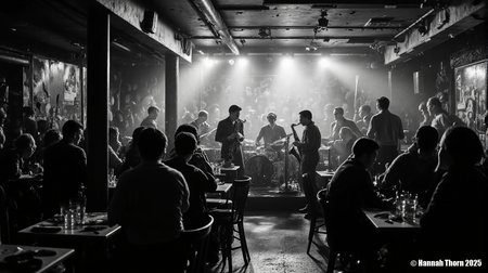 The picture is a black and white photograph depicting a scene in a dimly lit jazz club.    The style is reminiscent of classic black and white photography, possibly inspired by the aesthetics of the mid-20th century, evoking a nostalgic feeling of old Hollywood or a smoky jazz club. The lighting is dramatic, with spotlights illuminating the stage and the band, while the patrons in the foreground are less brightly lit, creating a sense of depth and focus. The composition includes a band performing on stage with a saxophone player prominently featured, and a crowd of people seated at tables, observing the performance.    The overall atmosphere is one of quiet intensity and sophisticated ambiance. The grainy texture of the image further enhances the vintage aesthetic. The dark tones, contrasted by the bright stage lights, contribute to the mood of intimacy and mystery. The clothing styles of both the band members and the patrons are consistent with a time period in the mid 20th century, likely the 1940s or 1950s, strengthening the vintage aesthetic. The image is sharp enough to capture detail but maintains a slightly grainy texture that adds to the film-like, vintage quality. <lora:_Flux\Vintage_Jazz-Club.safetensors:1.0:1.0>