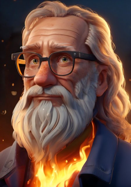 3d style, 3d render, cg, beautiful, <lora:3d_render_style_xl:1>, A n old man with long hair and a light beard looks ahead, glasses, crystal, freckles, close-up, portrait, firefighter, dark background, burn scar on face, fire hydrants