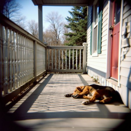Shot with a Holga camera, a dog sleeping on a porch