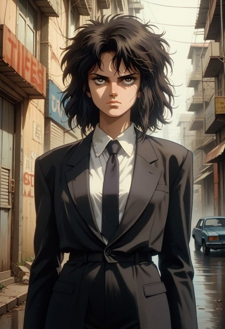 score_9, score_8_up, score_7_up, source_anime, 
1girl, solo, 
medium hair, black hair, messy hair, 
expressionless, (empty eyes:0.7), (smirk:0.7), (smug:0.80), 
business suit, necktie, white shirt, 
outdoors, streets, 
cowboy shot, dutch angle, untucked shirt,
retro, ghostintheshellstyle,
ho1ding-weap0n, holding rifle
