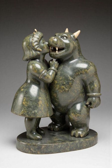 sculpture of
culpture of Princess Peach kissing the Bowser, carved with mottled dark grey stone. <lora:inuit_cap_d6a3e12:1.0><lora:821731001827861459:0>