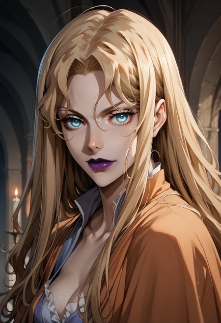 source_anime, ((score_9)),score_8_up,score_7_up,score_6_up,score_5_up,score_4_up,<lora:Castlevania_Style_Pony-v1:0.7>, Castlevania_Style, Castlevania Style, 1woman, brita_(darker_than_black), long_hair, blonde_hair, blue eyes, purple_lips, vampire,