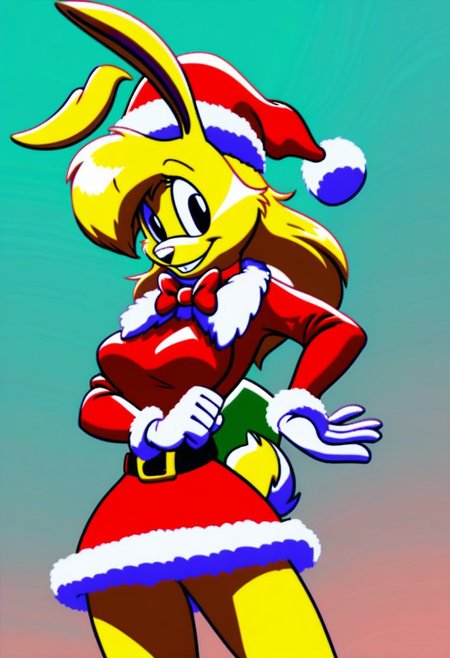 score_9, score_8_up, score_7_up, score_6_up, score_5_up, score_4_up, retro artstyle, BREAK 
LoriJackRabbitPXL, rabbit girl,1girl, solo, hat, fur trim,yellow hair,rabbit tail, animal ears, dress, white gloves, gloves, santa hat, red headwear, makeup, blue background, bow, belt, red dress, red bow,yellow fur, fur-trimmed dress, looking at viewer, furry female, smile, fur-trimmed sleeves, black eyes, furry, choker, bowtie, eyeshadow, long sleeves, christmas, red bowtie, breasts, cowboy shot, happy, gradient background, standing, santa costume, red choker, cropped legs, simple background, signature,rabbit tail, deer ears, fur-trimmed headwear, medium hair, fox ears
<lora:lorijackrabbit-v1:0.9>