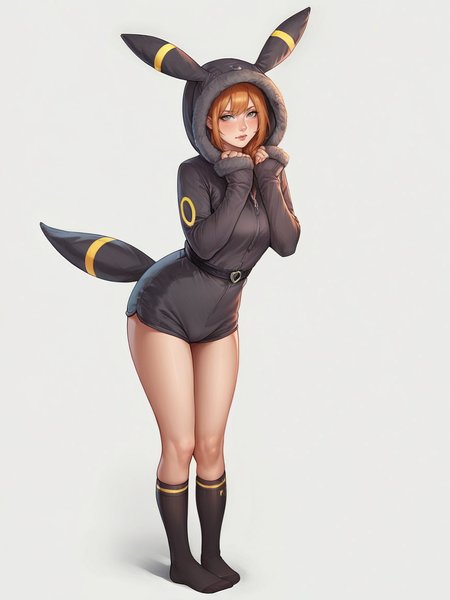 score_9, score_8_up, score_7_up, score_6_up, score_5_up, score_4_up, 1girl,  ginger hair, long hair, curvy, source_anime, ears, hood up, onesie, tail, knee high socks,  umbr30n, <lora:umbr30nXLP:0.6> full body,