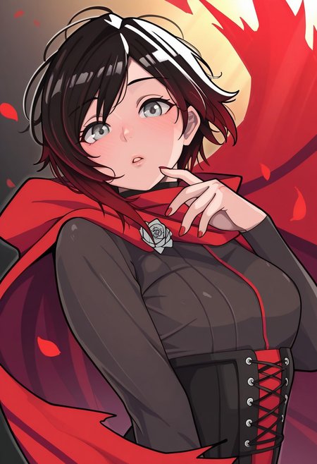 Kibawomuku_ST, masterpiece, best quality, very aesthetic, high resolution, ultra-detailed, absurdres, newest, detailed eyes, beautiful, perfect lighting, hi res, amazing quality, very awa, painting_(artwork), dynamic angle, dynamic pose, 1girl, ruby rose, black hair, grey eyes, short hair, looking at viewer, red cape, multicolored hair, red hair, torn clothes, upper body, red nails, nail polish, petals, gradient hair, long sleeves, two-tone hair, parted lips, torn cape, hooded cloak