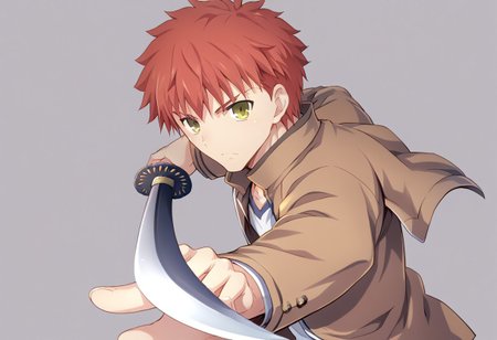 score_9, score_8_up, score_7_up, source_anime,  shirouemiya, 1boy, male focus, homurahara academy school uniform, solo, school uniform, yellow eyes, red hair, jacket, long sleeves, brown jacket, shirt, short hair,
<lora:gatotsu-stance-ponyxl-lora-nochekaiser:1>, gatotsu stance, weapon, sword, katana, holding weapon, holding, holding sword, foreshortening,