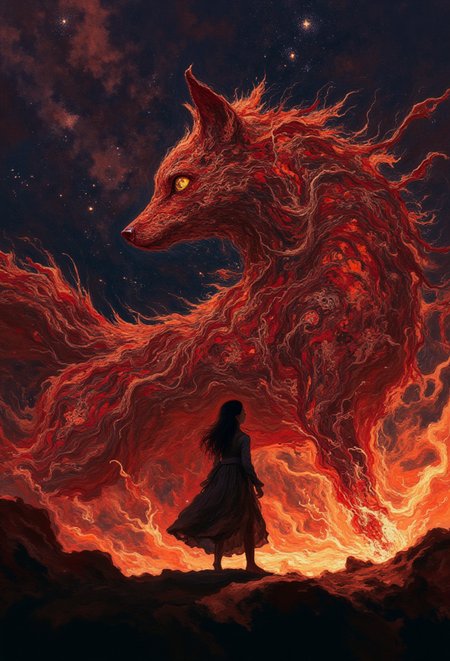 DB4RZ,<lora:FLUX-daubrez-DB4RZ-v2:1>, Silhouette of a Woman fighting a giant DARK mononoke Monster Boss resembling a ethereal fox with seven tails: Capture the essence of nostalgia and color in this vintage photograph. Dominating the scene is a meticulously detailed, translucent dark-red Blood filled firefox, adorned with vibrant patterns, blending seamlessly with its surroundings. Its long tail, composed of intricately woven ribbons in a spectrum of colors, trails behind, adding to the spectacle of the moment. Amidst the quietude of the night, its presence exudes a sense of ancestral strength and resilience. Behind it, the low-toned hues of the Milky Way cast a mesmerizing backdrop, a cosmic tapestry weaving tales of both past and future. In this moment, the convergence of tradition and technology, of ancient wisdom and industrial progress, hangs palpably in the air., atmospheric haze, Film grain, cinematic film still, shallow depth of field, highly detailed, high budget, cinemascope, moody, epic, OverallDetail, 2000s vintage RAW photo, photorealistic, candid camera, color graded cinematic, eye catchlights, atmospheric lighting, imperfections, natural, shallow dof