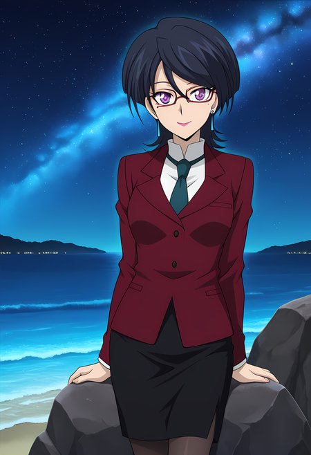 masterpiece,best quality,amazing quality,

solo,

Akane Kiyosu (Cardfight Vanguard), short hair, black hair, mole under eye, purple eyes, glasses, lipstick, earrings, jewelry, formal, suit, jacket, black pencil skirt, pantyhose,

looking at viewer, smile, 

lying, Leaning back on rock,

cinematic, 

bloom, night, at beach, starry sky, galaxy sky, glowing blue ocean waves,  blue light, detailed shadow,

Official style, anime screencap, anime coloring, 
















