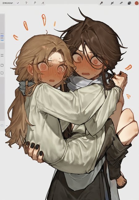 score_9, score_8_up. score_7_up,  <lora:nova1810:1>, nova1810, uncensored,
 score_9, nova_1810, long hair, blush, @ @, princess carry, white background, 2boys, carrying, scarf, long sleeves, 1girl, multiple boys, black nails, brown hair, open mouth, chinese clothes, 1boy, simple background, male focus