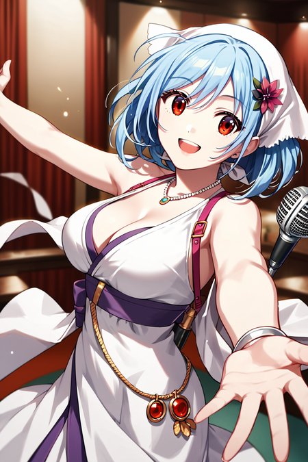 score_9, score_8_up, score_7_up, score_6_up, rating_safe, source_anime, best quality, masterpiece, detailed background, detailed eyes, indoors, singing, microphone, elegant black cocktail dress, arm outstretched, <lora:houkiboshi-xl-02:1>, houkiboshi, white bandana, medium breasts, full breasts, smile, open mouth, red eyes, light blue hair, cleavage,