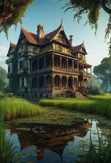 hd, 8k, masterpiece, award winning illustration  of an abandoned mansion covered with grass in a swamp, dungeons and dragons style, fantasy, group of adventurers outside, intricate indian style details, heroic fantasy, spooky, fandist,
