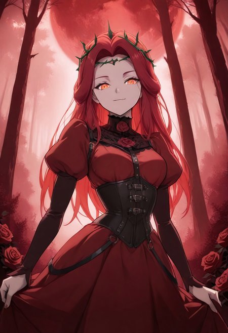 masterpiece, best quality, very aesthetic, absurdres, 1girl, solo, looking at viewer, downturned face, slight smile, red hair, long hair, glowing red-orange eyes, rust red dress, long sleeves, rose patterns on puffy shoulder sleeves, collared dress, black lace collar with one large real red rose in the center, (black thron circlet crown) of thorns on her head, corset with leather straps, thorny rose vines, detailed background, low-key, red haze, red roses, dark fantasy forest, blood moon behind the trees. 