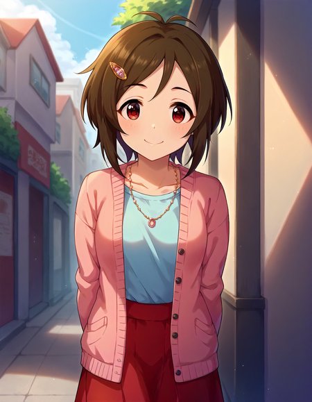 score_9,score_8_up,score_7_up,1girl,solo,cowboy shot,looking at viewer,smile,closed mourh,arms behind back,outdoors,
<lora:doumyoujikarin_ponyXLV6:0.8>,cgdk,brown hair,short hair,antenna hair,red eyes,
hairclip,necklace,pink open cardigan,long sleeves,cyan T-shirt,red skirt