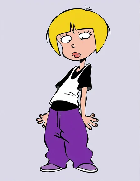 nazz,blonde hair, short hair, 1girl, shirt, solo,, pants, t-shirt purple pants,   <lora:NazzIllustrious1.0JLFO:1> simple background,, looking at viewer,full body,
