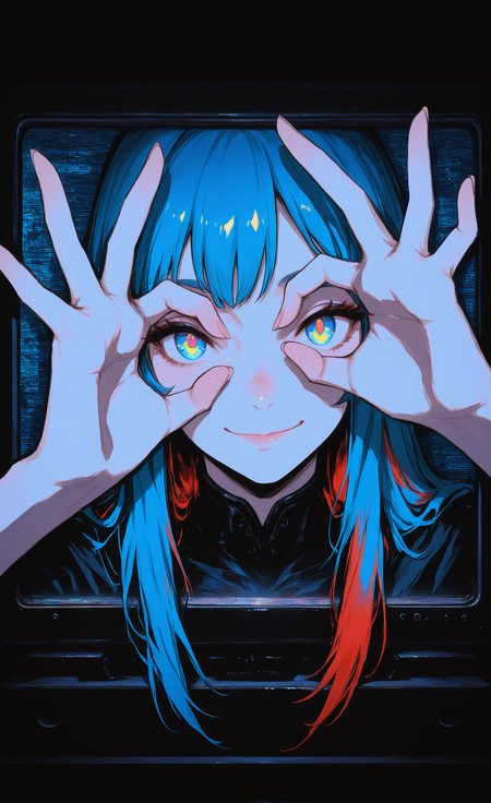 masterpiece, best quality, good quality, very awa, very aesthetic, absurdres, newest,1girl, blue eyes, blue hair, closed mouth, double ok sign, hand glasses, hands up, long hair, looking at viewer, multicolored eyes, multicolored hair, ok sign, ok sign over eye, portrait, red hair, smile, solo, television, yellow pupils, dark_fantasy_style, dark fantasy, retro, <lora:ponyv6_noobV1_2_adamW-000017:0.7> <lora:USNR_STYLE_XL_lokr:0.45> <lora:EtherSDXL:0.15> <lora:dark_fantasy_anime_illustriousXL:0.4>