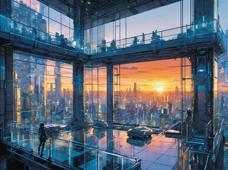 masterpiece, best quality,
 <lora:gits_style:0.6>,
gits95,
fancy interior, glass facade, cityscape background, futuristic, art by masamune shirow, ghost in the shell artstyle, breathtaking, sunset