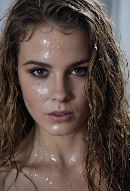 sdxl_simonejoruk, dripping wet hair, skin glistening with oil, staring into camera, intense close-up, steamy and cinematic