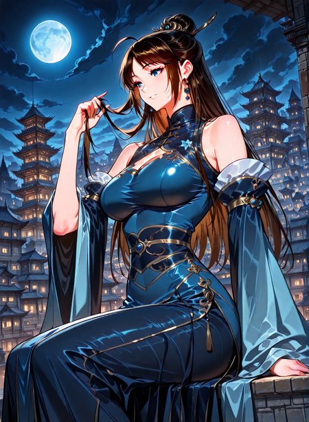 <lora:Xiao_Ruoyin__I_am_the_Fated_Villain__Illustrious:1>
1 girl, solo, blue eyes, long hair, brown hair, black hair, hair bun, ahoge, big breasts
chinese clothes, blue dress, detached sleeves, jewelry, earrings, hair ornament, bare shoulders
score_9, score_8_up, score_7_up, very aesthetic, source_anime, detailed, high quality, beautiful, masterpiece, detailed eyes, castle, village, blurry background, cityscape, pose dynamic angle, light smile, open mouth, hand on hair, sitting, night, blue moon, <lora:iLLMythG0thicL1nes:1>