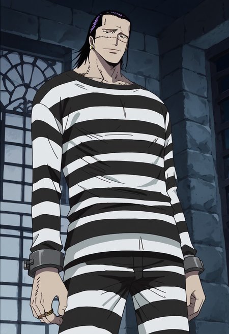 score_9, score_8_up, score_7_up, source_anime, rating_safe, CrocodileOP, black-purple_Croco_hair, Croco_scar across face, yellow_Croco_single earring, black eyes, 1boy, male focus, anime screencap, black-white_Croco_shirt, black-white_Croco_pants, grey prison cuffs