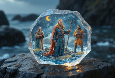 An intricate, detailed image of a crystal with mythology painting of Gods and Vikings expertly rendered across its surface. Background: On a viking boat, stormy sea, heavy rain. Ultra high resolution, elegant, soft scattered light, cinematic lighting, coherent light, coherent shadows, aidmaMJ6.1,