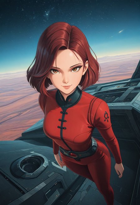 masterpiece, best quality, good quality, very aesthetic, absurdres, newest, 8K, depth of field, focused subject, dynamic angle, from above, 1girl, slightly smiling. she's looking at the viewer, stary sky, scenery, sci-fi,
<lora:ck-70s-scifi-IL:1>