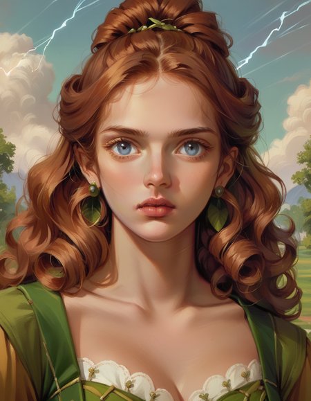 score_9, score_8_up, score_7_up, score_6_up, <lora:hud_yanjuncheng_styl_XLP:1> Create a top-notch, ultra-detailed work of art, (  wearing  Exquisite toga with intricate draping and delicate trim ), Enchantress, Tall, Slim, Round Face, Tan Skin, Auburn Hair, Blue Eyes with Green Flecks, Wide Nose, Pouty Lips, Round Chin, Long Hair, Curly Hair, Wedding Updo, round breasts, Huggie earrings, cream satin lipstick, baroque oil painting, refined, Lightning