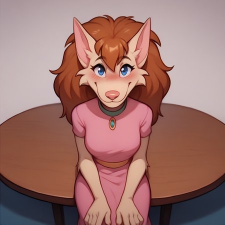 score_9, score_8_up, score_7_up, BREAK  <lora:FluffyWerewolf:1.1> fluffywerewolf, furry female, long hair, brown hair, blue eyes, smile, blush, looking at viewer, pink dress, sitting, table, dated, pov,