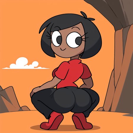 zPDXL, flat colors, cel shading, vector, shadows, clouds, source_anime, realistic, detailed background, orange background, canyon, cliff, 1girl, solo, rob_(\vilepluff\), dark skin, eyelashes, medium breasts, black hair, bob cut, \small head, shiny skin, red shirt, grey pants, red shoes, back, hands on knees, squatting, looking back, broly culo, smile,  <lora:RobVile:0.85>  <lora:broly_culo_v1_pruned:1>