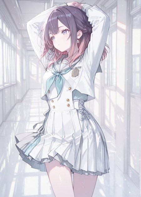 School uniform,school hallway, Tokidoki Bosotto Russia-go De Dereru Tonari No Alya-san anime style, ma1ma1helmes_b_illu, 1girl, gakumas,, klskx, 748cmstyle, dutch angle, close-up, BREAK styling pose, fashion pose, bloom, soft lighting, BREAK perfect details, masterpiece, best quality, ultra-detailed, best illustration, high resolution, extremely detailed CG, unity 8k wallpaper, super detailed skin, perfect anatomy, detailed, cinematic lighting, dynamic lighting, light particles, abstract, beautiful detailed eyes, absurdres, very aesthetic, detailed background, depth of field