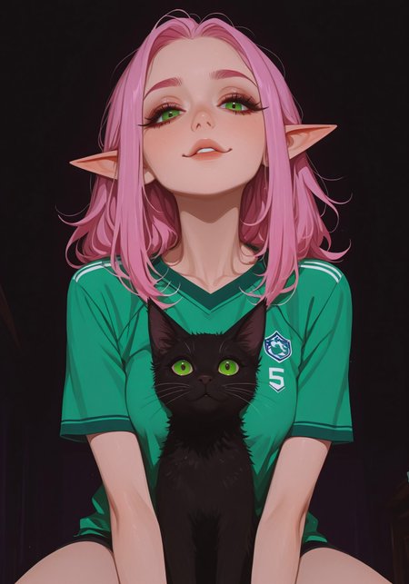 1girl, solo,

soccer jersey, slim, small breasts,
pink hair, green eyes, sexy elf, healthy skin,
beautiful eyes, detailed face,
looking at viewer,
dynamic composition, yandere expression, dynamic pose, holding a black cat,

anime style, anime, pastel,
xxx667_illu, artist:moriimee, 748cmstyle, no lineart, flat color, EGirlPFP