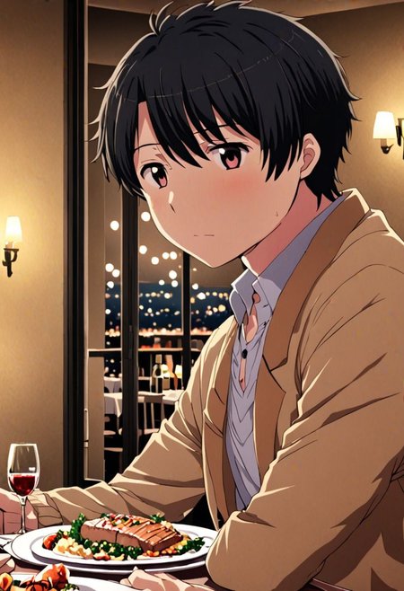 high resolution, solo, best quality, 1Boy, Inaho Kaizuka, Black Hair, dating, romantic, dinner, OverallDetail