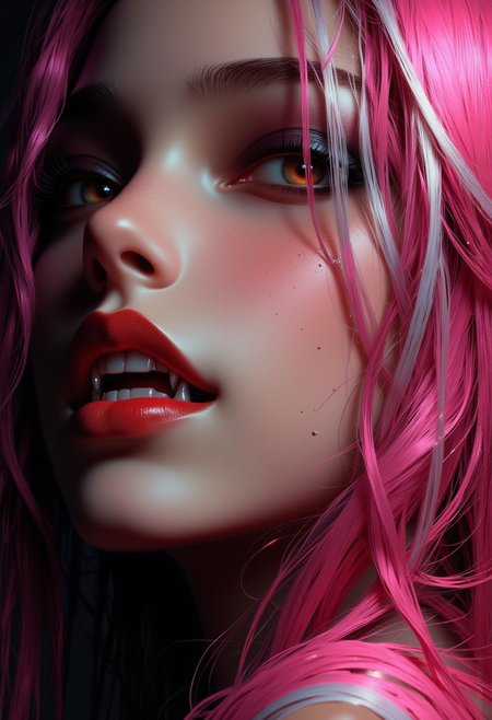 masterpiece, high detail, masterpiece, closeup portrait of stunning oriental vampire woman, long pink hair with white streak, dark eyeshadow, red lips, mouth slightly open showing fangs, chiascuro, sexy, seductive, erotic, direct gaze, dark background. highest definition, HD32K, wallpaper, hyperdetailed, concept art, extreme closeup, side profile