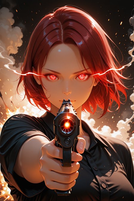 embedding:lazypos, 1girl, red hair, short hair, mature, aiming at viewer, gun, smoke, fired shot, close up, looking at viewer, pointing at viewer, 
(eye trail:1.2), black shirt from the side, four fingers <lora:TrendCraft_The_Peoples_Style_Detailer-v1.0A-3_13_2025-illustrious:0.6>
