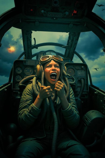 pascalblanche1 illustration. 
A female pilot screaming inside the cockpit of a World War II bomber. The pilot, wearing a vintage leather flight helmet with goggles and a bomber jacket, grips the controls with white-knuckled hands. Her face is contorted in a mix of fear and determination as she yells, her eyes wide with adrenaline. The cockpit is cramped and filled with old-fashioned dials and gauges, with the outside view showing dark stormy clouds and distant anti-aircraft fire  <lora:pascalblanche1_cap_d8a4:1.0><lora:860272244104922641:0>