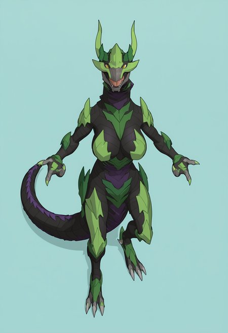 score_9, score_8_up, score_7_up, score_6_up, score_5_up, score_4_up, 1girl, <lora:Phaedrus:0.85> solo, no humans, yellow eyes, teeth, sharp teeth, dragon, tail, horns, spikes, open mouth, anthro, large breasts, standing, full body, front view, looking at viewer, 
(light blue background), simple background,