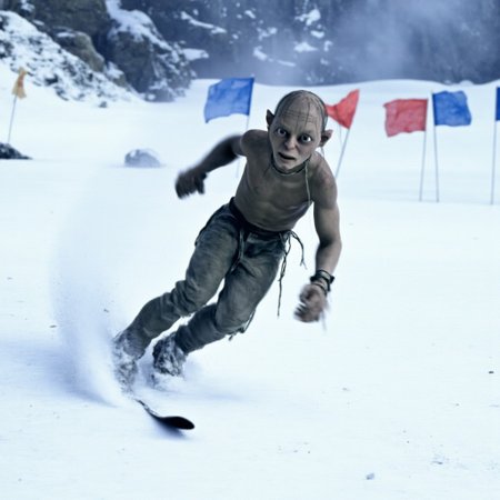 A m3m3 photo, high-resolution action shot of smeagol from the lord of the rings skiing down a ski slope. The white snow has bumps and there are blue and red flags