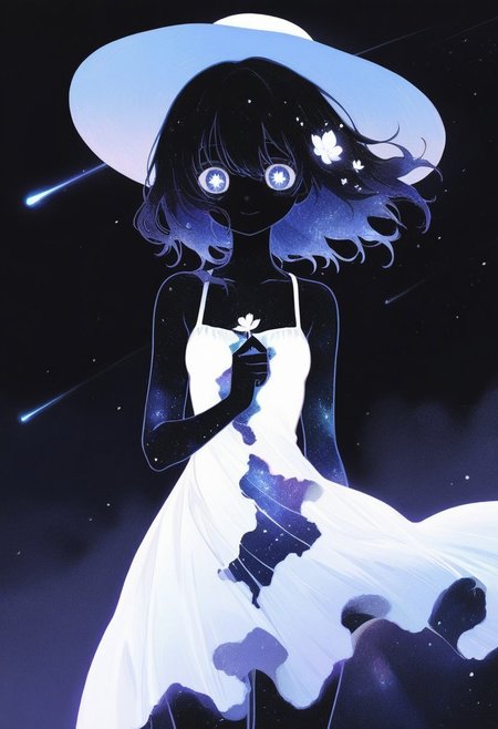 abstract , newest , absurdres , abstract , meteor showers , glowing flower blooming , (blending:1.2) , (revealing layer:1.2) , galaxy skin , galaxy hair , shooting star , night sky , sundress , sundress , sunhat , holding clothe , against strong wind , cute smile , (galaxy eyes) , black body , 
masterpiece, best quality ,amazing quality ,15546+456868, 0__11Xx_illu,