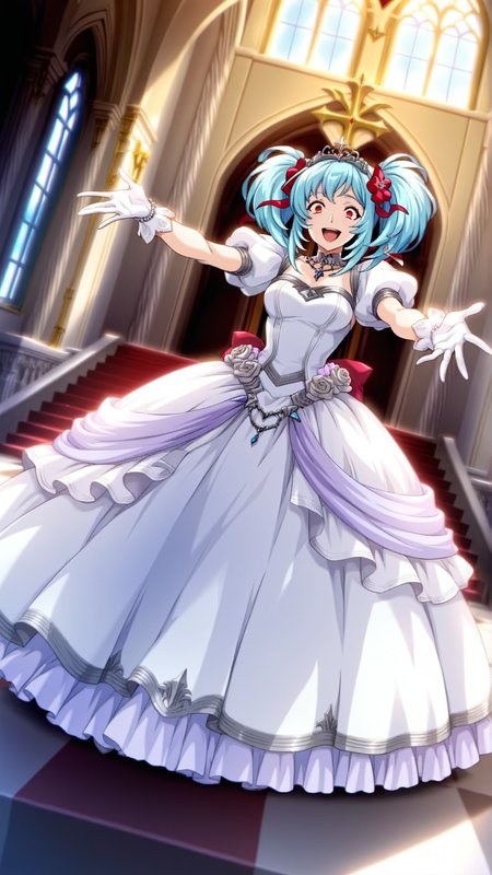 source_anime,general,best quality,1girl, <lora:Marilyn_Cat_ill_v1.0:1> marilyn\(srw\),blue hair, red eyes, twintails, wedding dress,chapel,happy, crazy eyes,   dynamic pose, dutch angle, full body,