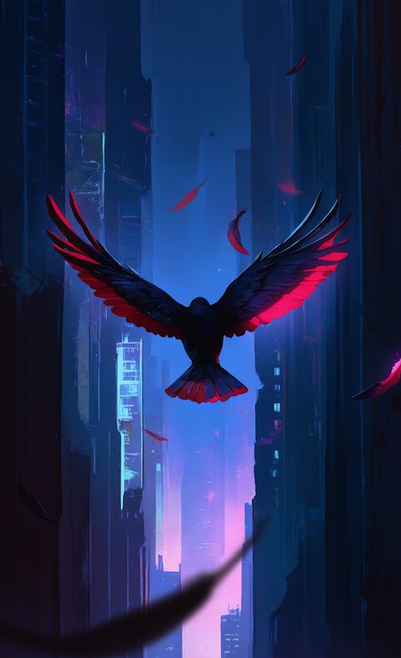 no humans, general, animal focus, black crow, high up, city ruins, feathered wings, (falling feathers:1.3), red feathers, night, glowing, cracked wall, cyberpunk, motion lines, from behind, flying bird, close-up, film grain, glitch, depth of field, cinematic, masterpiece, best quality, very awa, newest, absurdres, highres, <lora:ponyv5_noobV065S_1_adamW-000013:1.00>