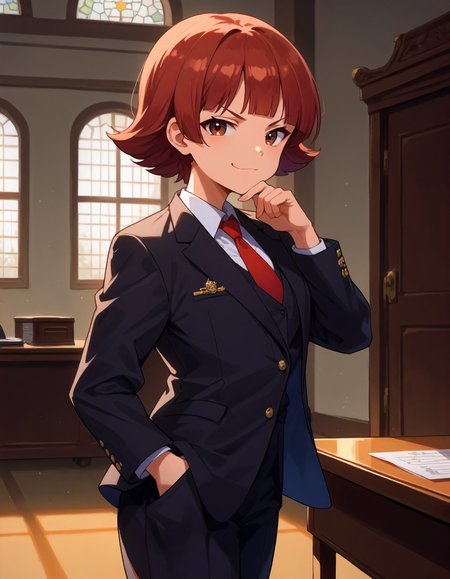score_9, score_8_up,score_7_up,1girl,solo,standing,looking at viewer,from side,v-shaped eyebrows,smug,closed mouth,courtroom,hand in pocket,hand on own chin,
<lora:nonoharaakane_ponyXLV6:0.7>,mlna,red hair,short hair,blunt bangs,brown eyes,
black suit,long sleeves,red short necktie