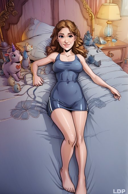 h3rm 1girl, thin<lora:LDP_1.5:0.8>l0r4d0p0rn,rating_safe,bed, lamp, tight clothes , barefoot, on bed, lying, looking at viewer, nervous smile, 1girl, <lora:g0th1c2XLP:0.4> <lora:Witch_Trainer-000007:1>
