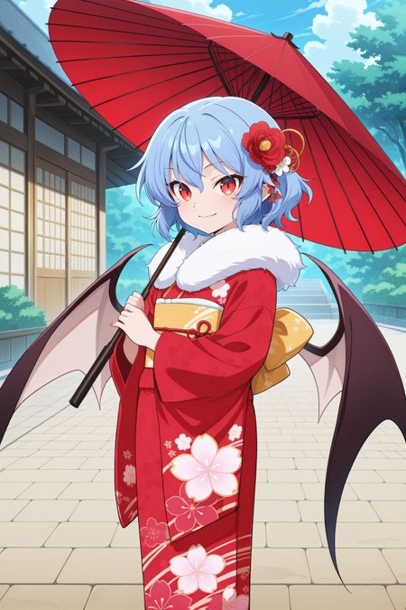absurdres, highres, masterpiece, best quality, amazing quality, official anime artwork, screencap, anime screencap, outdoors, looking at viewer, light smile, dynamic pose, standing,
 <lora:Remilia-Scarlet_Illustrious-000037:1> Remilia Scarlet, 1girl, solo, red eyes, blue hair, short hair, fang, bat wings,, remilia scarlet \(vampire praying for good health\), alternate costume, floral print, fur collar, fur trim, hair flower, hair ornament, japanese clothes, kimono, long sleeves, yellow obi, red obijime, print kimono, red kimono, ribbon, wide sleeves, looking at viewer, light smile, holding umbrella,