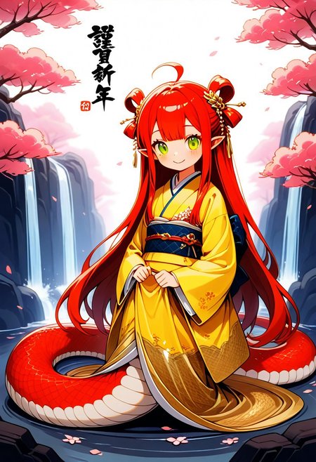 masterpiece, ultra-detailed, best quality, 8K, illustration, absolutely eye-catching, 1girl, solo, sn4ke, snake girl, lamia, cute girl, BREAK cute, teenage, pointed ears, smile, highly detailed beautiful face and eyes, long hair, hair ornament, kimono, snake tail, kawaii, happy, joyfull, cute expression, coiled snake body, A big mountain with a waterfall and a beautiful sakura tree in the background, pink petals floating around, detailed, sinoink, chinese ink style, flat colors, pastel colors
